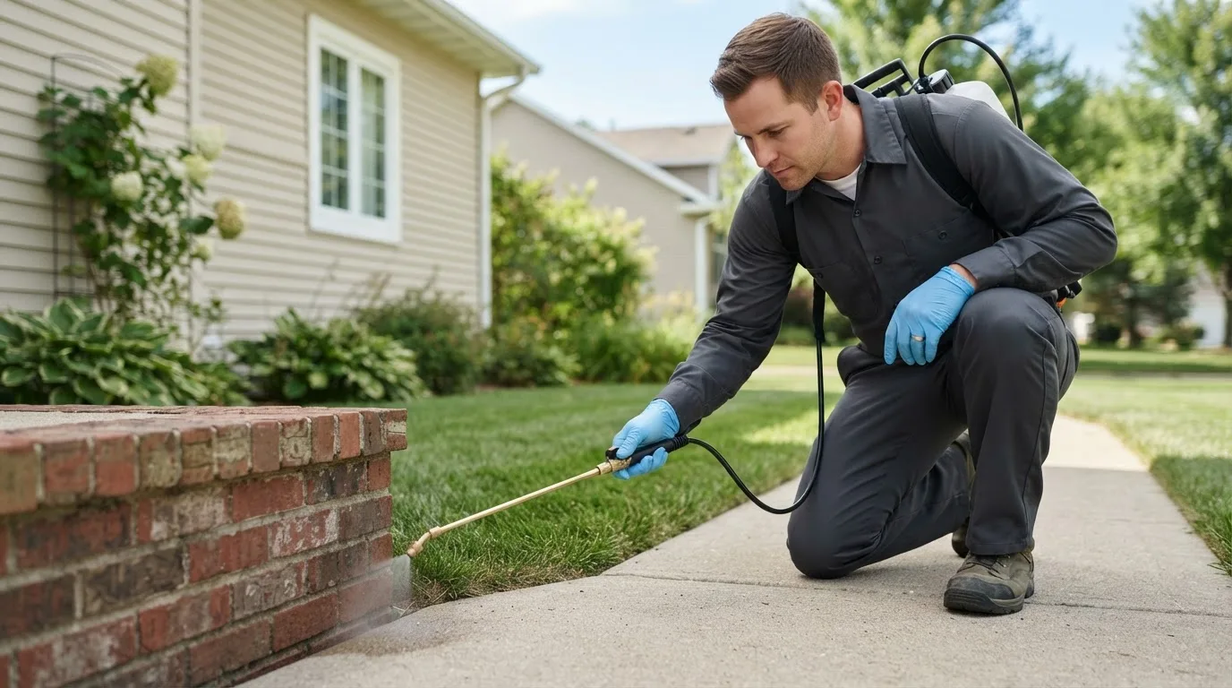 Pest control technician treating a home near Concan, TX