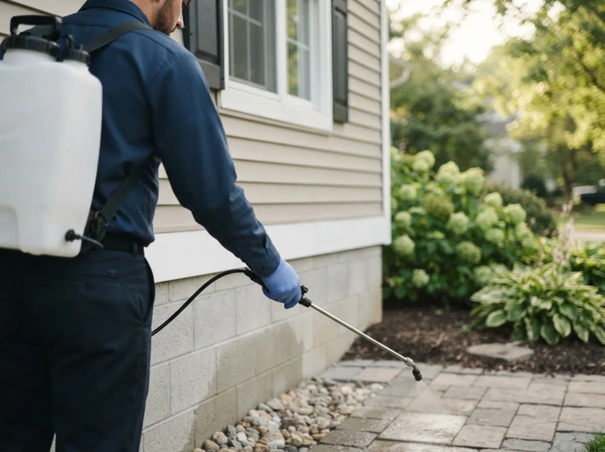 Pest control technician inspecting a home in Concan, TX